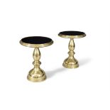 LIPPARINI A pair of brass circular side tables with smoked mirrored tops, Italy, c.1970.