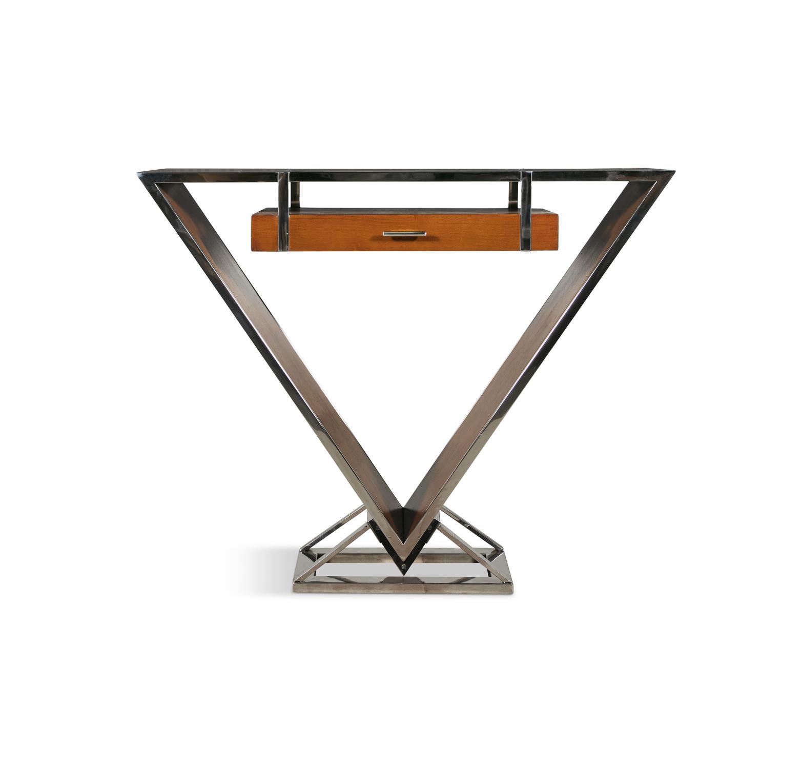 CONSOLE A triangular shaped console with a single drawer. Chrome and teak. France.