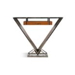 CONSOLE A triangular shaped console with a single drawer. Chrome and teak. France.