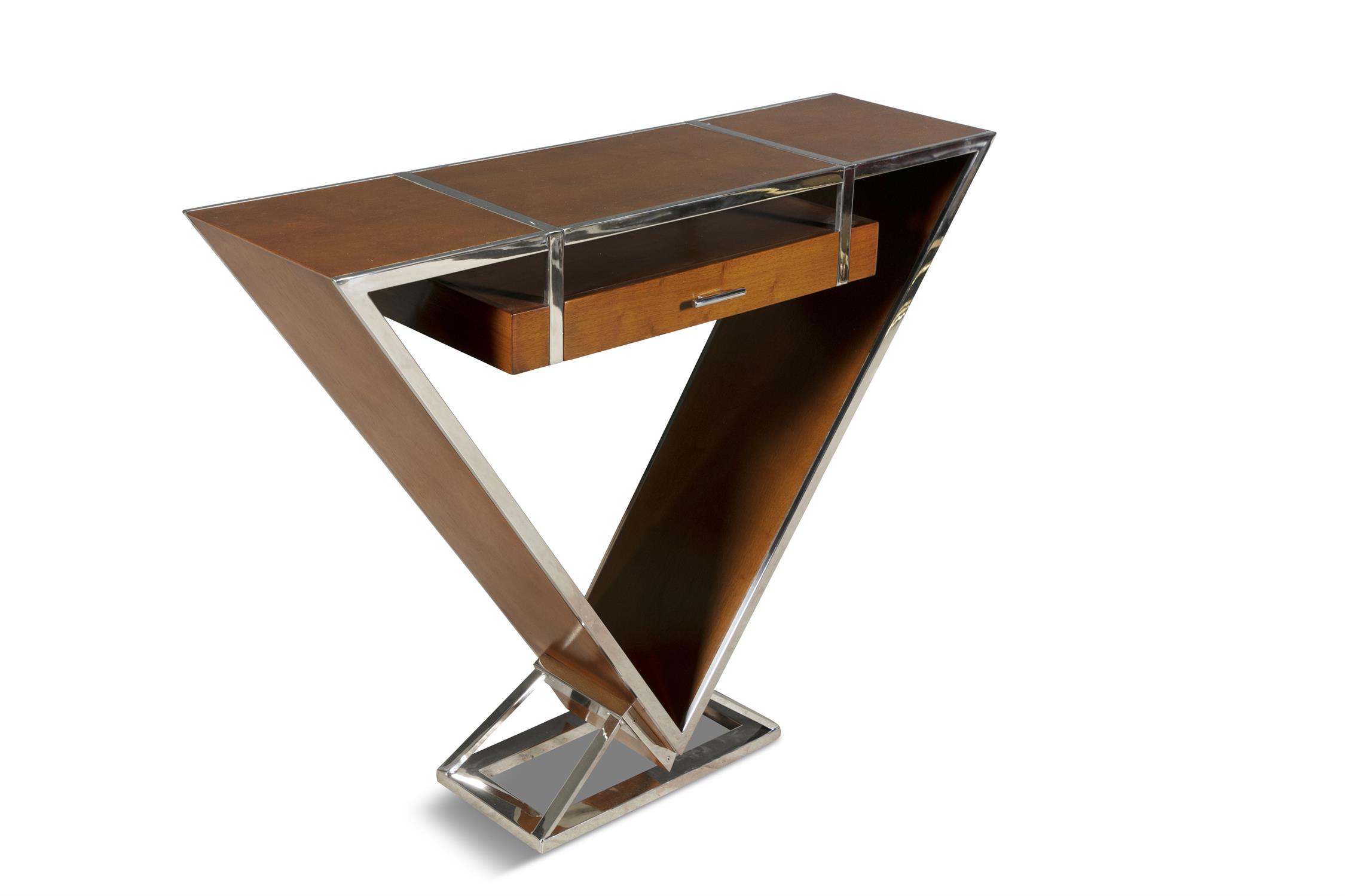CONSOLE A triangular shaped console with a single drawer. Chrome and teak. France. - Image 4 of 7
