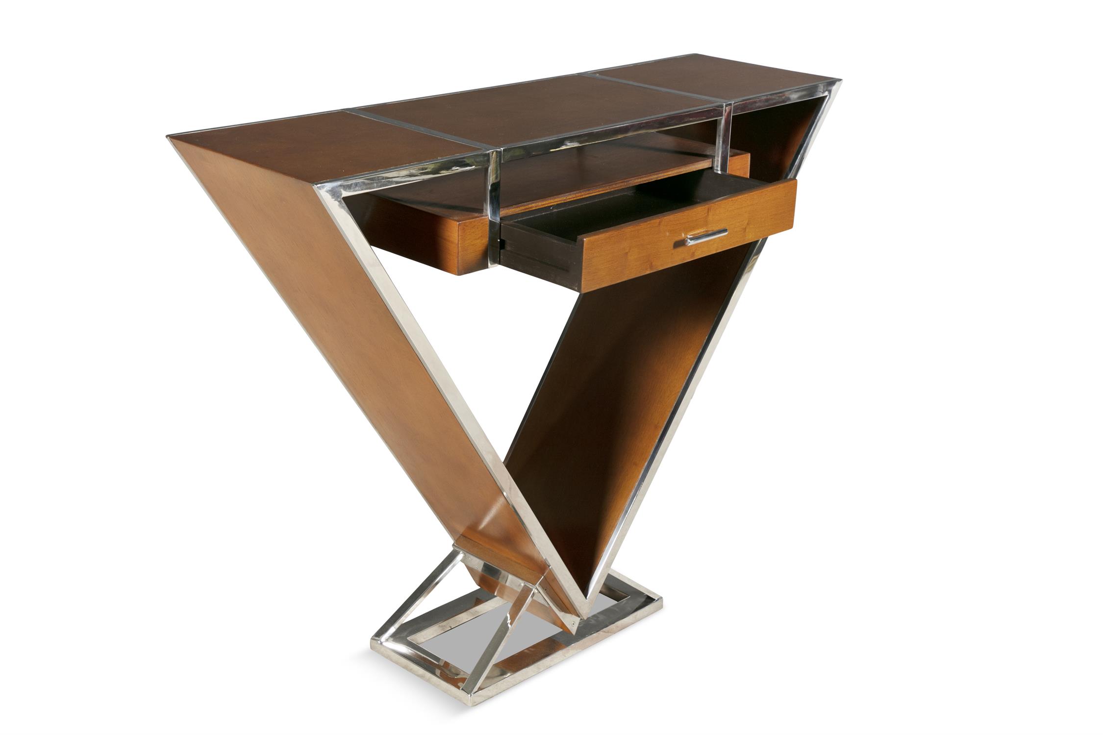 CONSOLE A triangular shaped console with a single drawer. Chrome and teak. France. - Image 5 of 7