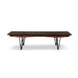 BENCH A mahogany slated bench with metal legs. Italy, c.1960. 140 x 39.5 x 34.5cm (h)