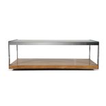 MERROW & ASSOCIATES A rosewood and chrome table by Merrow and Associates with a glass top.