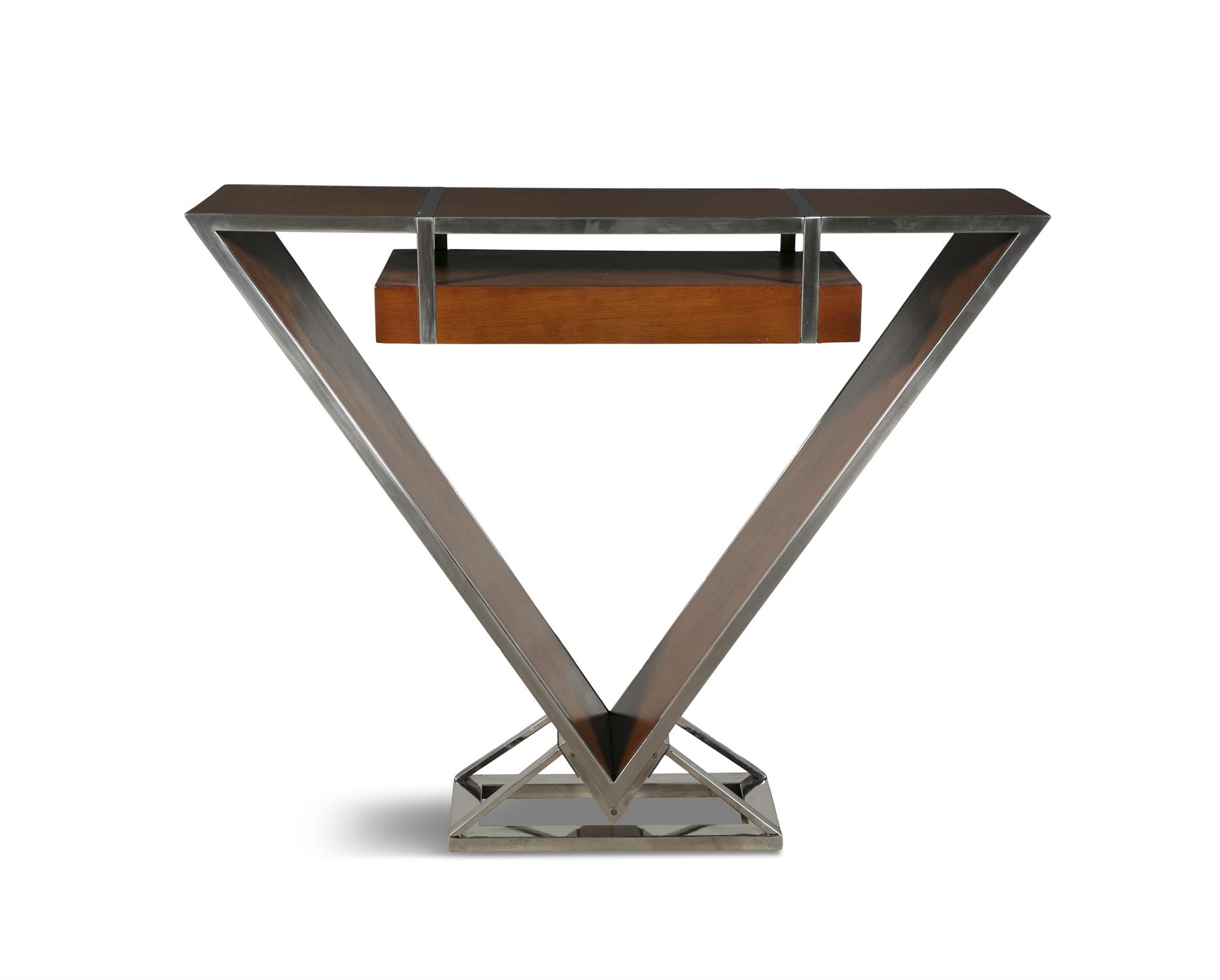 CONSOLE A triangular shaped console with a single drawer. Chrome and teak. France. - Image 7 of 7