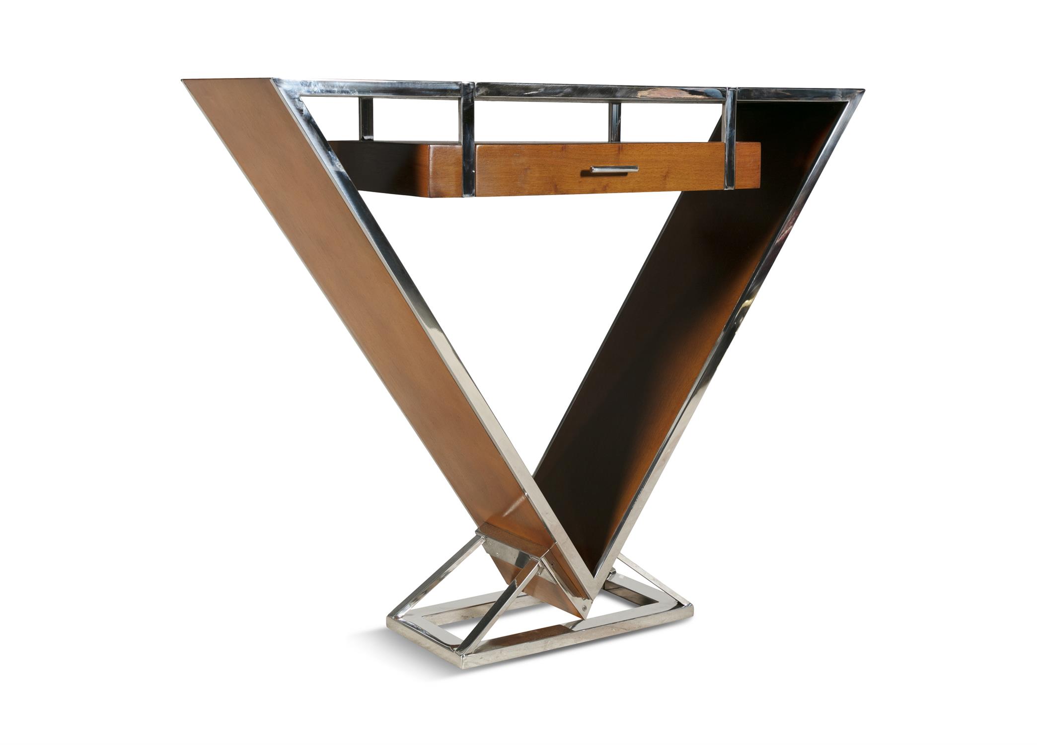 CONSOLE A triangular shaped console with a single drawer. Chrome and teak. France. - Image 3 of 7
