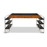 DESK A chrome and teak desk with three drawers and a leather top. France. 166 x 66 x 76cm (h)