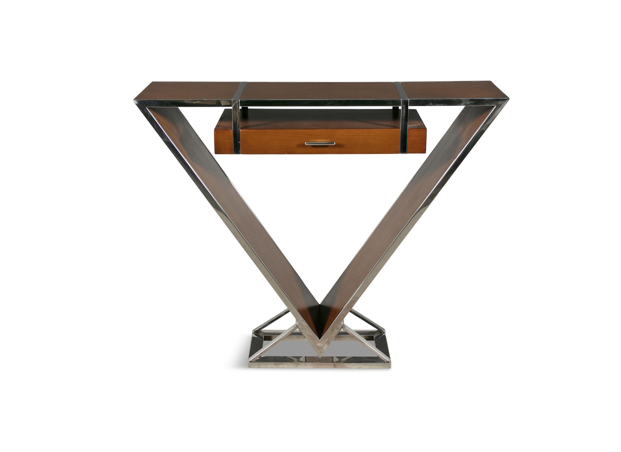 CONSOLE A triangular shaped console with a single drawer. Chrome and teak. France. - Image 2 of 7