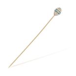 AN EARLY 20TH CENTURY TURQUOISE AND HALF PEARL HAT PIN The long gold pin with egg-shaped