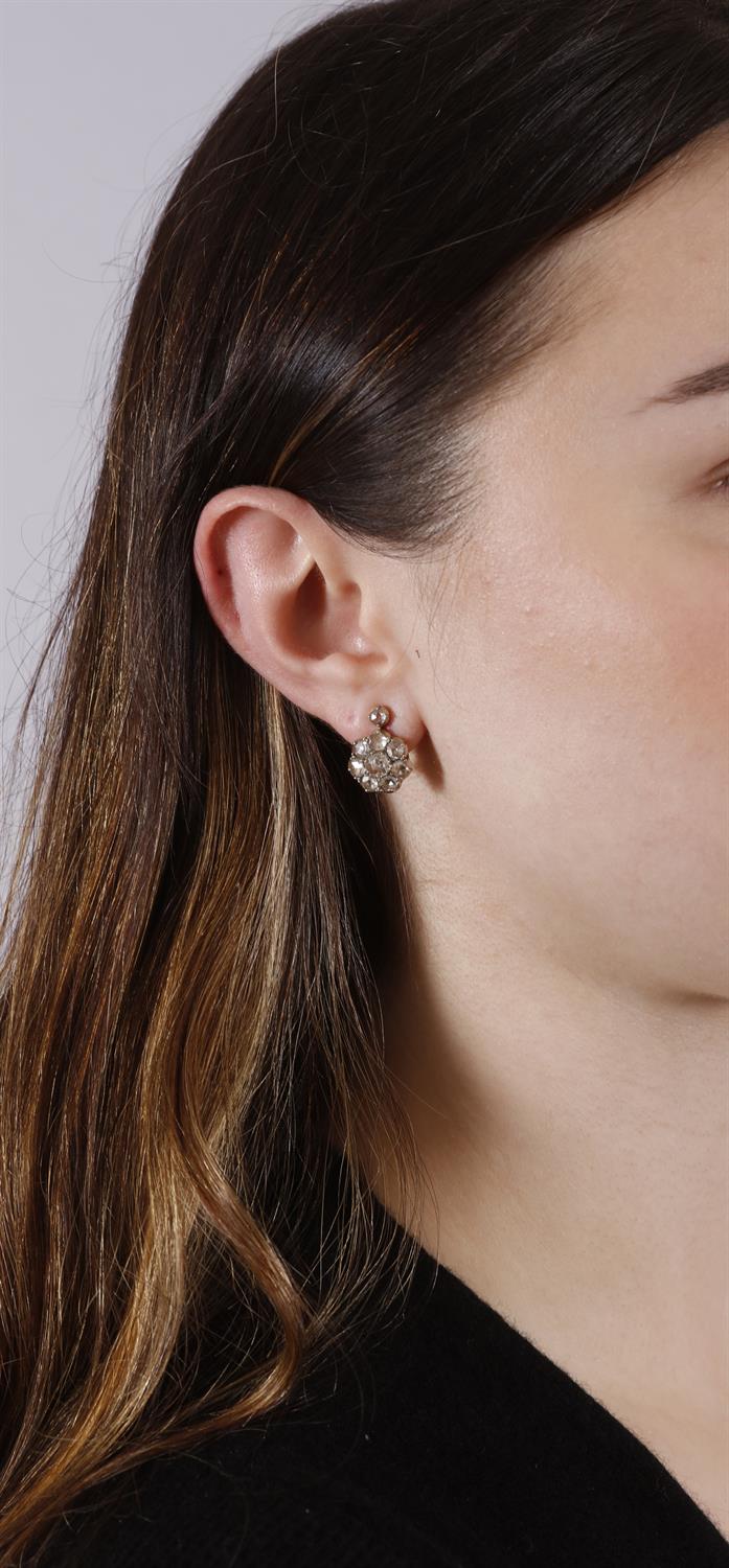 A PAIR OF DIAMOND EARRINGS Each composed of a rose-cut diamond cluster with similarly-cut - Image 2 of 3