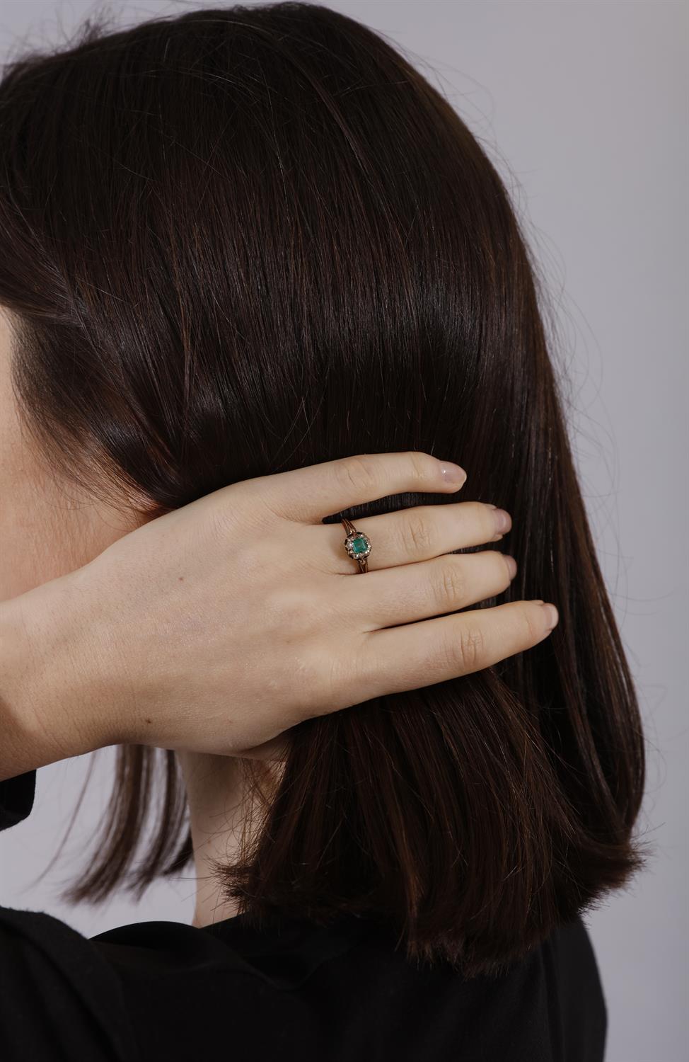 A LATE 19TH CENTURY EMERALD AND DIAMOND DRESS RING The square-cut emerald within a rose-cut - Image 5 of 6