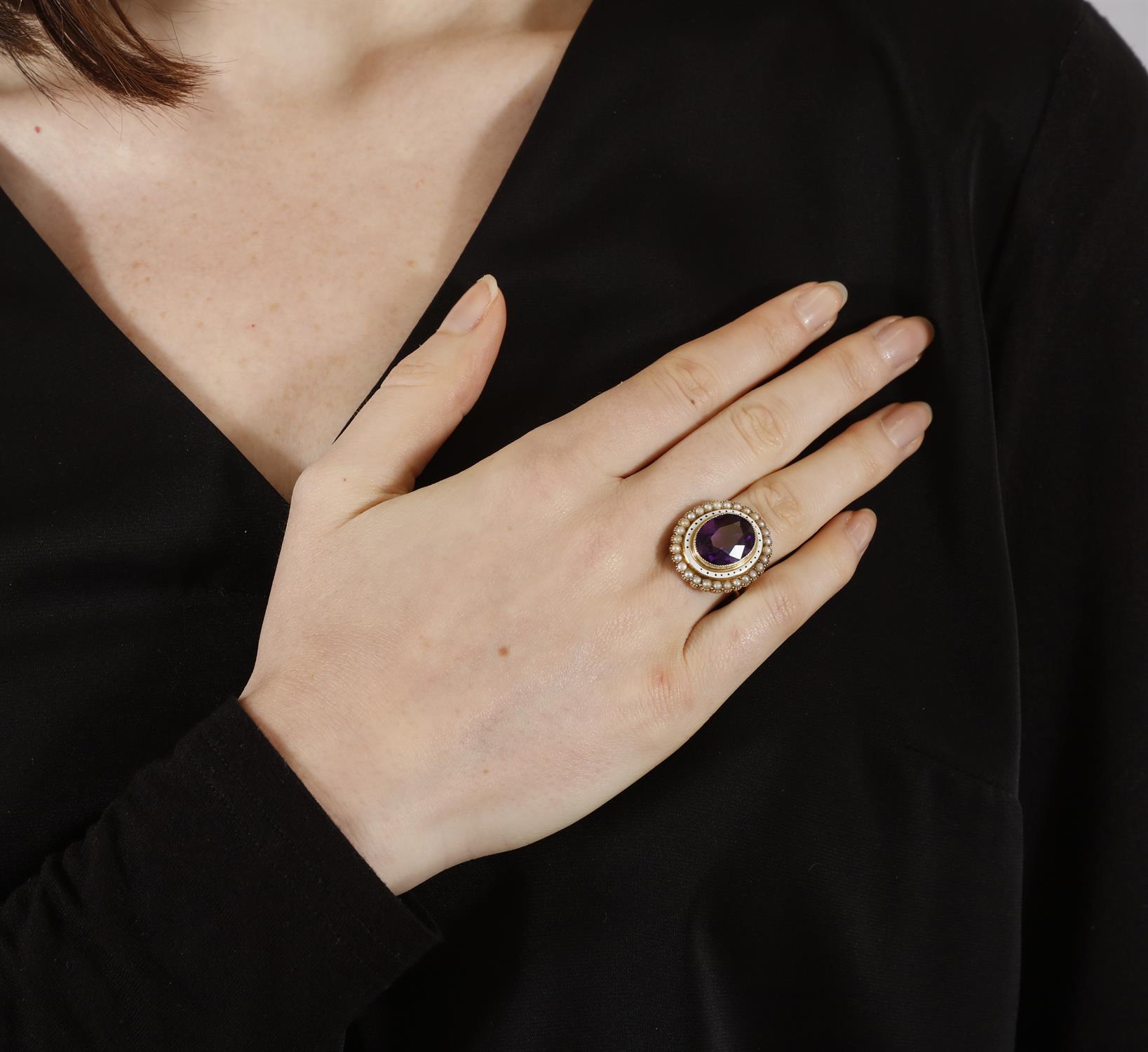 A VICTORIAN AMETHYST, ENAMEL AND SEED PEARL DRESS RING The oval-shaped amethyst within an white - Image 4 of 5