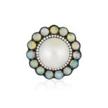 A CULTURED PEARL, OPAL AND DIAMOND DRESS RING The central round-shaped South Sea cultured pearl