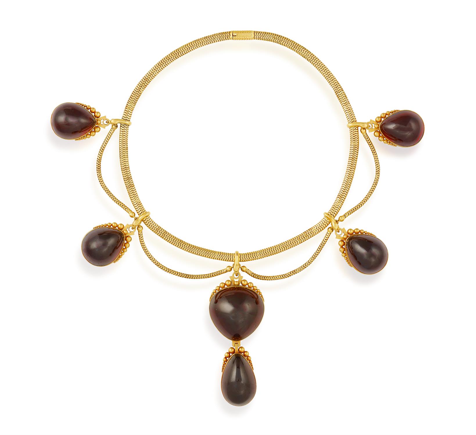 A MID-19TH CENTURY GARNET NECKLACE, CIRCA 1850 Of swag design, the snake-link chain suspending