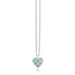 AN EMERALD AND DIAMOND PENDANT ON CHAIN Of openwork heart shape set with a series of oval-shaped