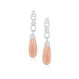 A PAIR OF CORAL AND DIAMOND PENDENT EARRINGS The openwork brilliant-cut diamond surmount