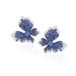 A PAIR OF SAPPHIRE AND DIAMOND EARRINGS Each stylised butterfly pavé-set with circular-cut