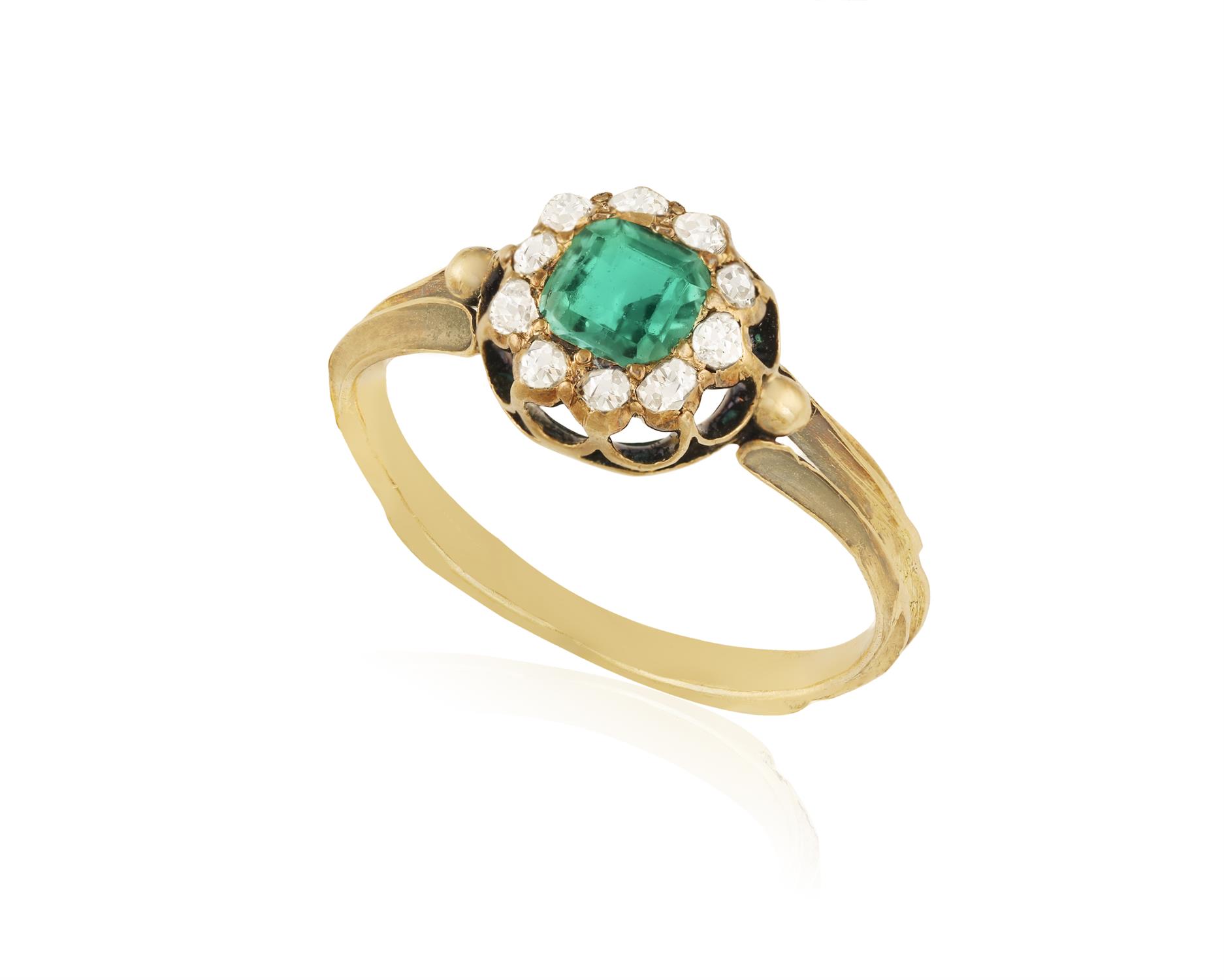 A LATE 19TH CENTURY EMERALD AND DIAMOND DRESS RING The square-cut emerald within a rose-cut - Image 2 of 6