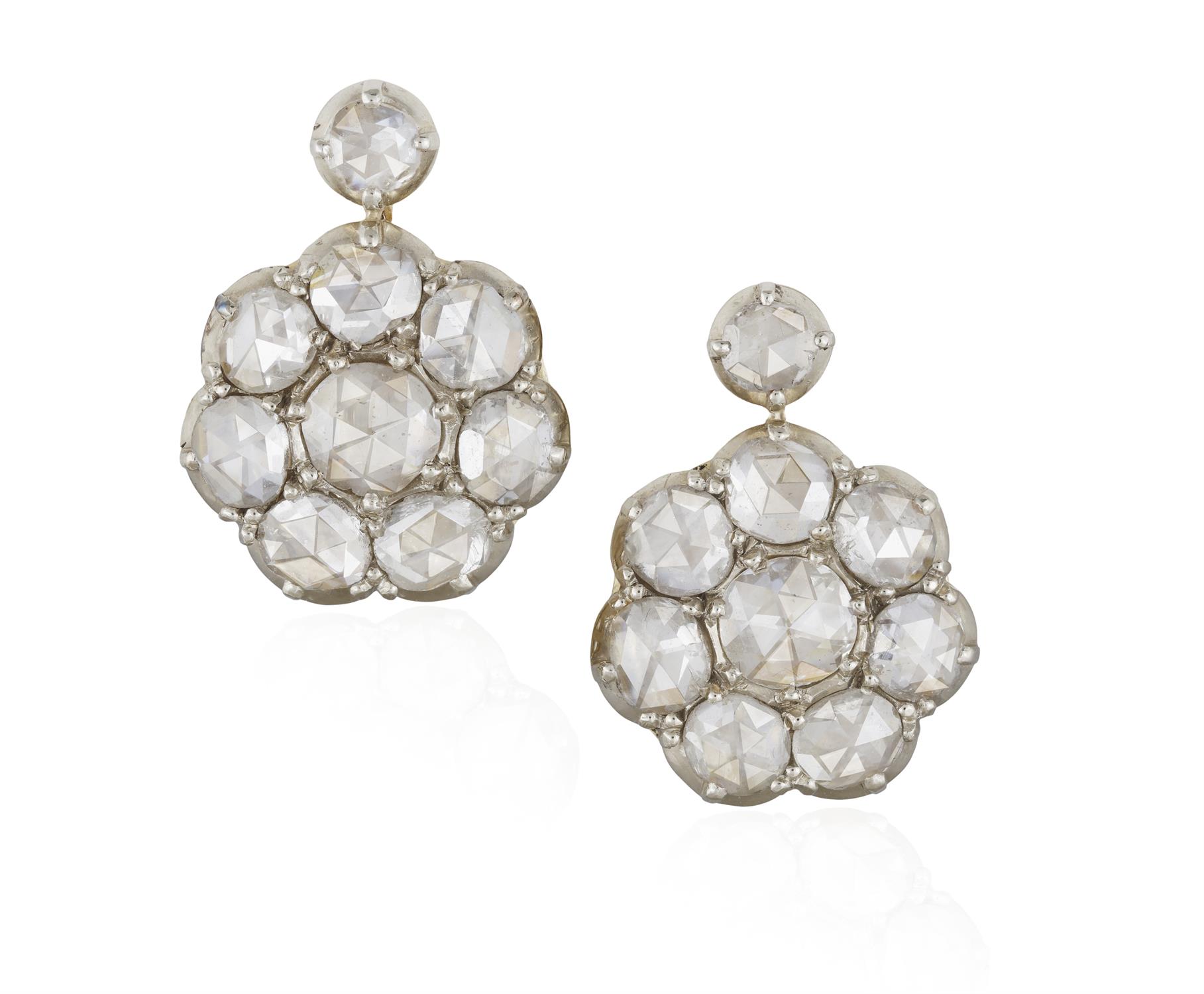 A PAIR OF DIAMOND EARRINGS Each composed of a rose-cut diamond cluster with similarly-cut
