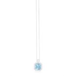 An AQUAMARINE AND DIAMOND PENDANT ON CHAIN The cut-cornered square-cut aquamarine weighing