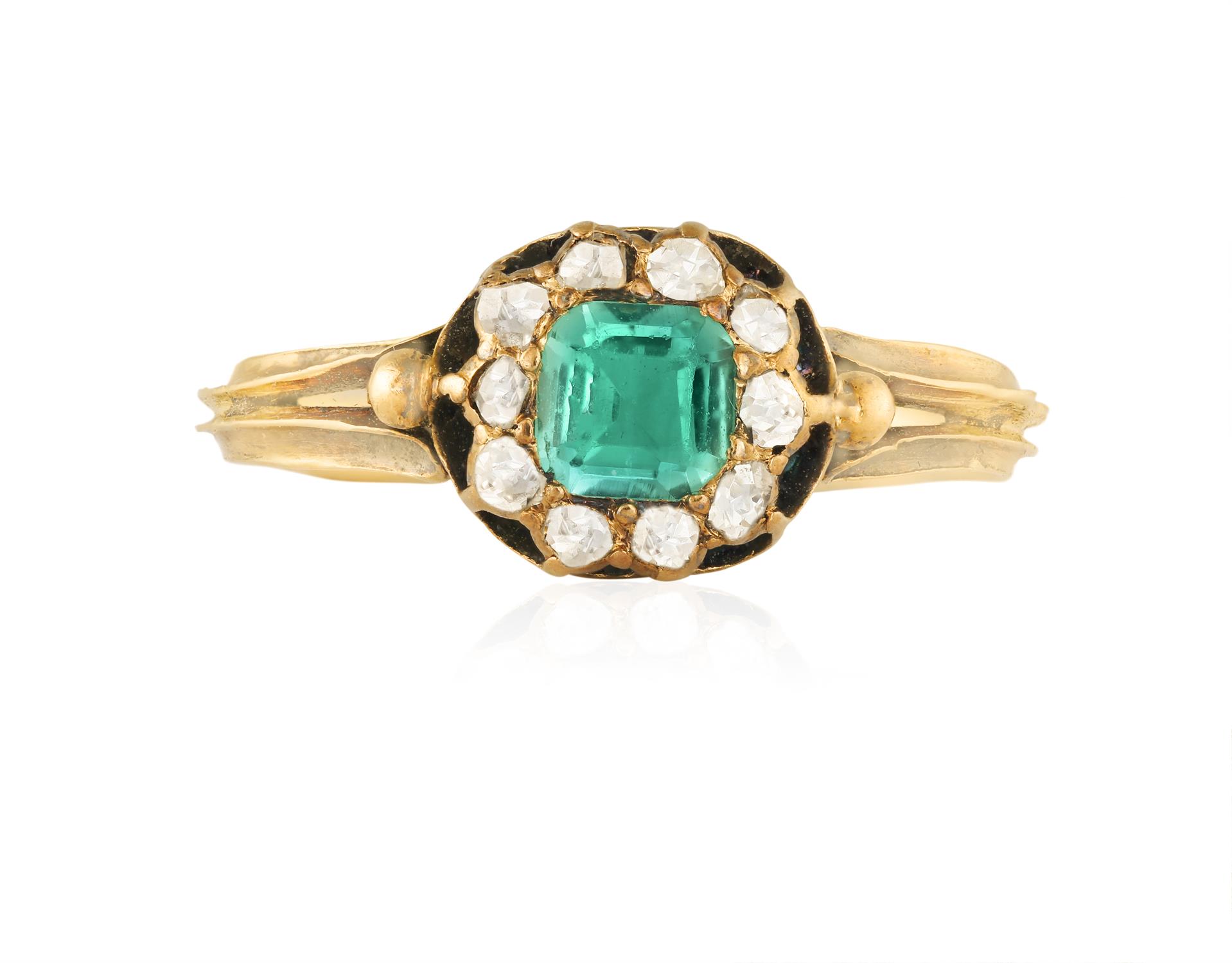 A LATE 19TH CENTURY EMERALD AND DIAMOND DRESS RING The square-cut emerald within a rose-cut