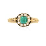 A LATE 19TH CENTURY EMERALD AND DIAMOND DRESS RING The square-cut emerald within a rose-cut