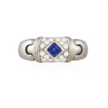 A SAPPHIRE AND DIAMOND 'PARENTESI' DRESS RING, BY BULGARI The collet-set square-cut sapphire,