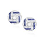 A PAIR OF SAPPHIRE AND DIAMOND EARRINGS Each circular plaque centring a brilliant-cut diamond