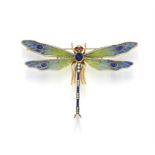 A ENAMEL, SAPPHIRE AND DIAMOND BROOCH The stylised dragonfly, with green and blue