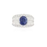 A SAPPHIRE AND DIAMOND DRESS RING The oval-shaped sapphire within a brilliant and baguette-cut