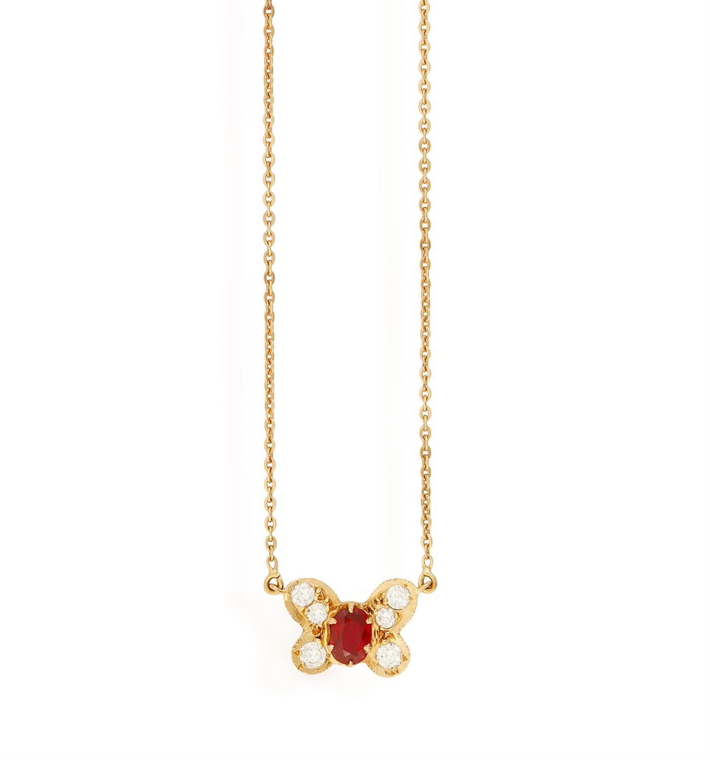 A RUBY AND DIAMOND PENDANT ON CHAIN Designed as a butterfly centring an oval-shaped ruby for