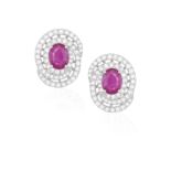 A PAIR OF RUBELLITE AND DIAMOND EARRINGS Each oval-shaped rubellite tourmaline within