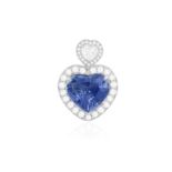 A SAPPHIRE AND DIAMOND PENDANT ON CHAIN The heart-shaped sapphire weighing 4.02cts within a