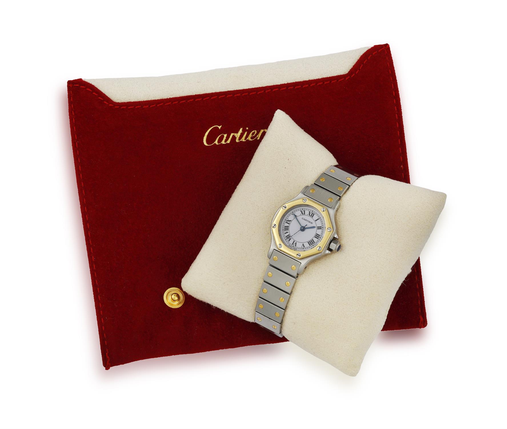 A LADY'S STAINLESS STEEL AND GOLD AUTOMATIC 'SANTOS' BRACELET WATCH, BY CARTIER, CIRCA - Image 3 of 4