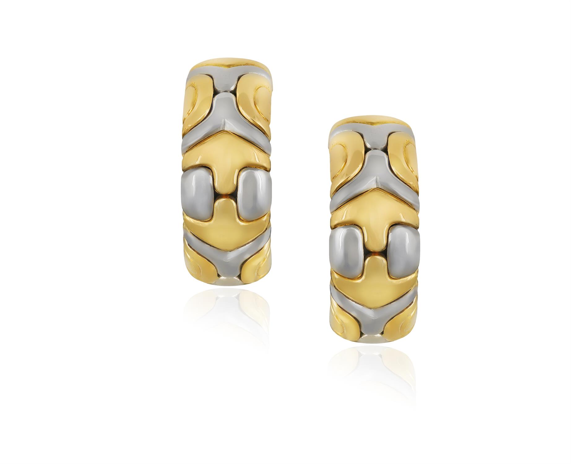 A PAIR OF GOLD AND STEEL 'ALVEARE' EARRINGS, BY BULGARI Each composed of geometric links in - Image 2 of 5