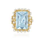 AN AQUAMARINE AND DIAMOND COCKTAIL RING, CIRCA 1960 The rectangular mixed-cut aquamarine