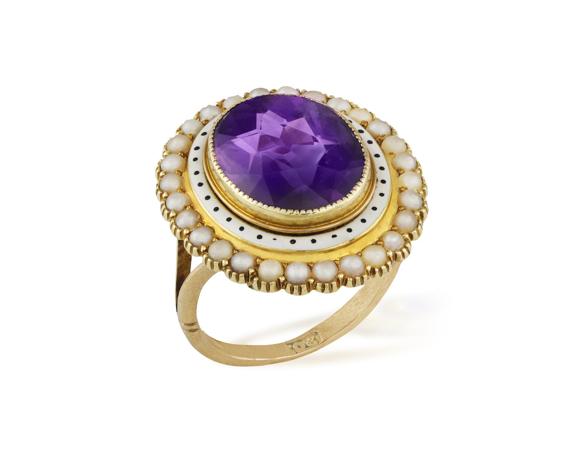 A VICTORIAN AMETHYST, ENAMEL AND SEED PEARL DRESS RING The oval-shaped amethyst within an white