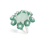 A CHRYSOPRASE, AGATE AND DIAMOND DRESS RING, BY MARGHERITA BURGENER Of floral design,