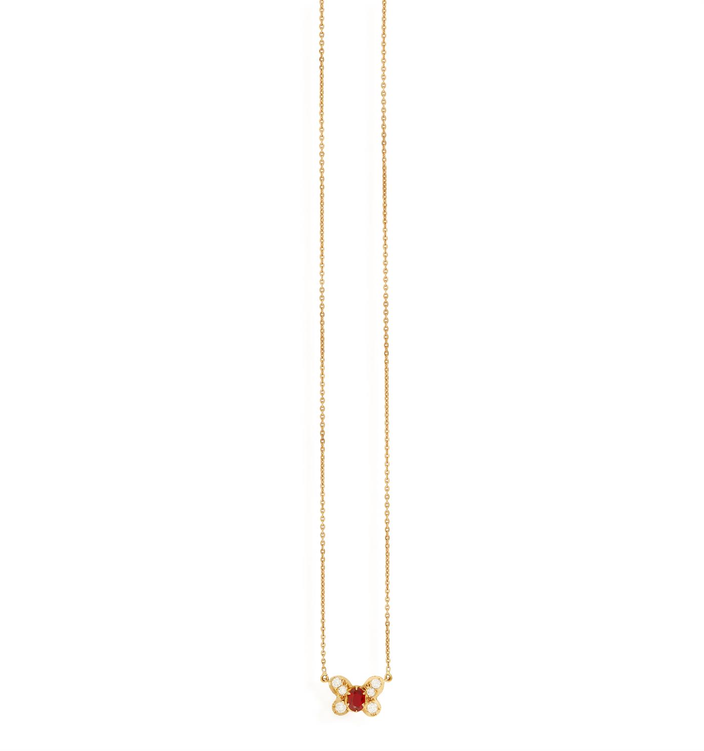 A RUBY AND DIAMOND PENDANT ON CHAIN Designed as a butterfly centring an oval-shaped ruby for - Image 2 of 5