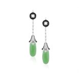 A PAIR OF JADE, ONYX AND DIAMOND PENDENT EARRINGS Each circular surmount set with a