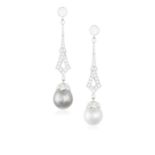 A PAIR OF CULTURED PEARL AND DIAMOND PENDENT EARRINGS Each old brilliant-cut diamond surmount,