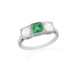AN EARLY 20TH CENTURY EMERALD AND DIAMOND RING The square-cut emerald set between two old