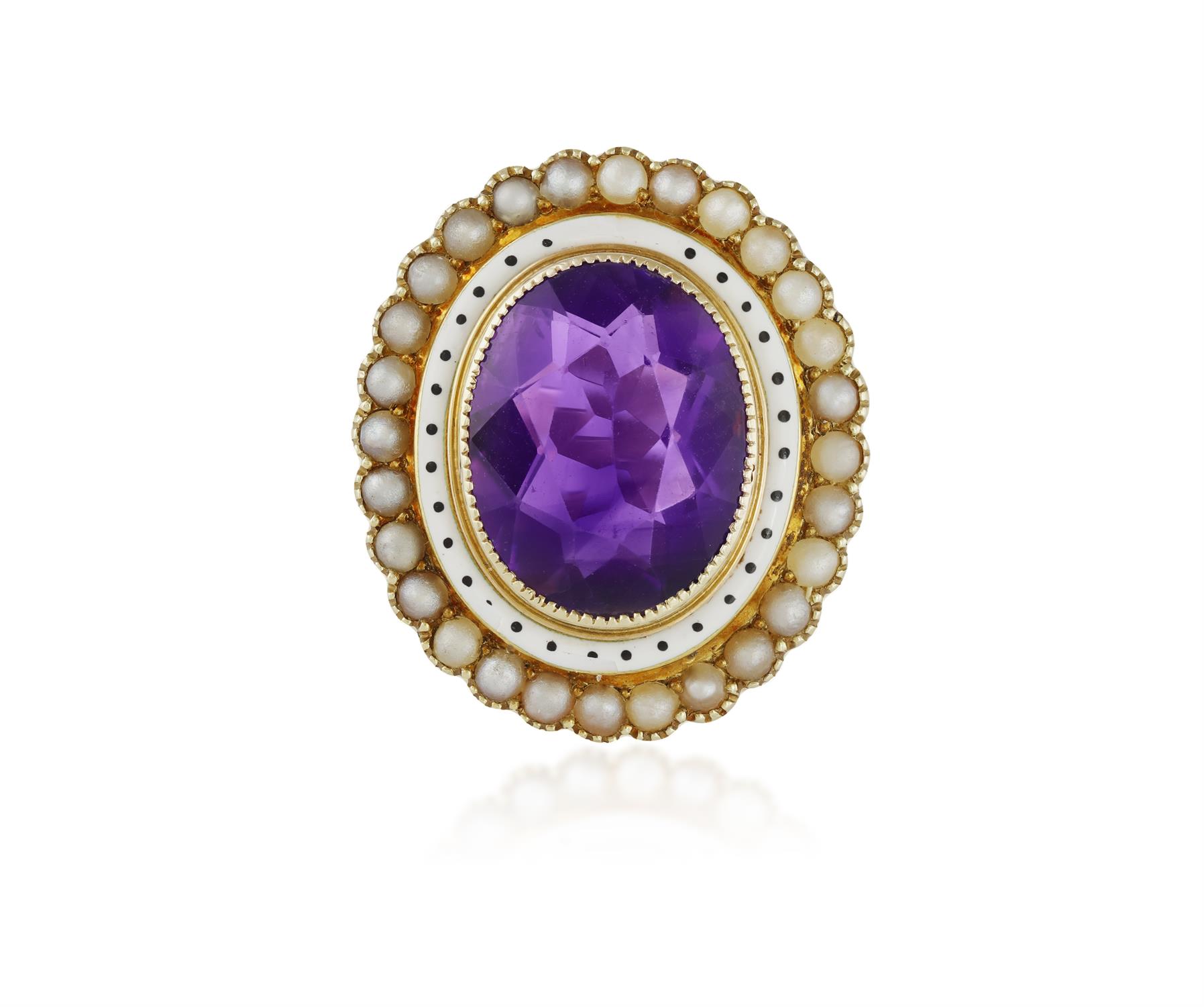 A VICTORIAN AMETHYST, ENAMEL AND SEED PEARL DRESS RING The oval-shaped amethyst within an white - Image 2 of 5