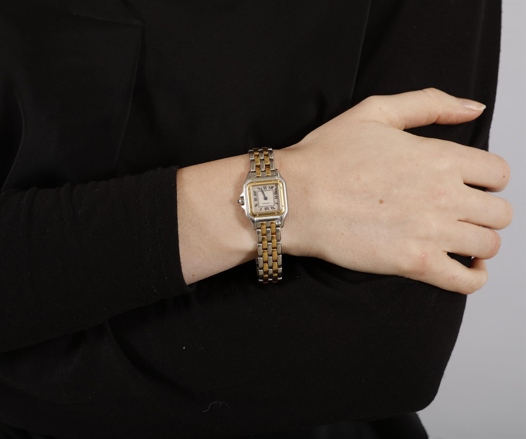 A GOLD AND STAINLESS STEEL QUARTZ 'PANTHER' BRACELET WATCH, BY CARTIER, CIRCA 1995 4-jewels - Image 4 of 5