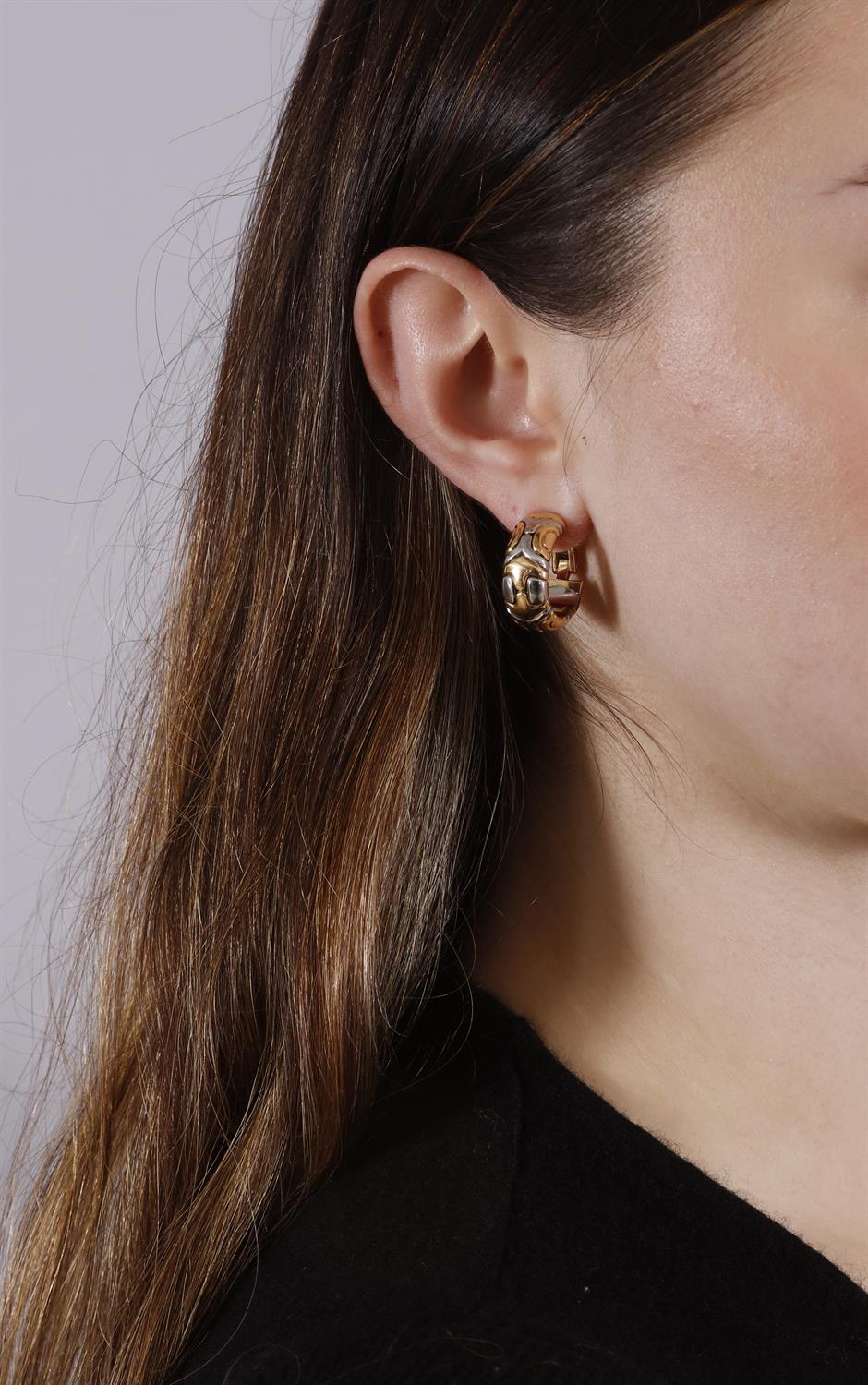 A PAIR OF GOLD AND STEEL 'ALVEARE' EARRINGS, BY BULGARI Each composed of geometric links in - Image 4 of 5