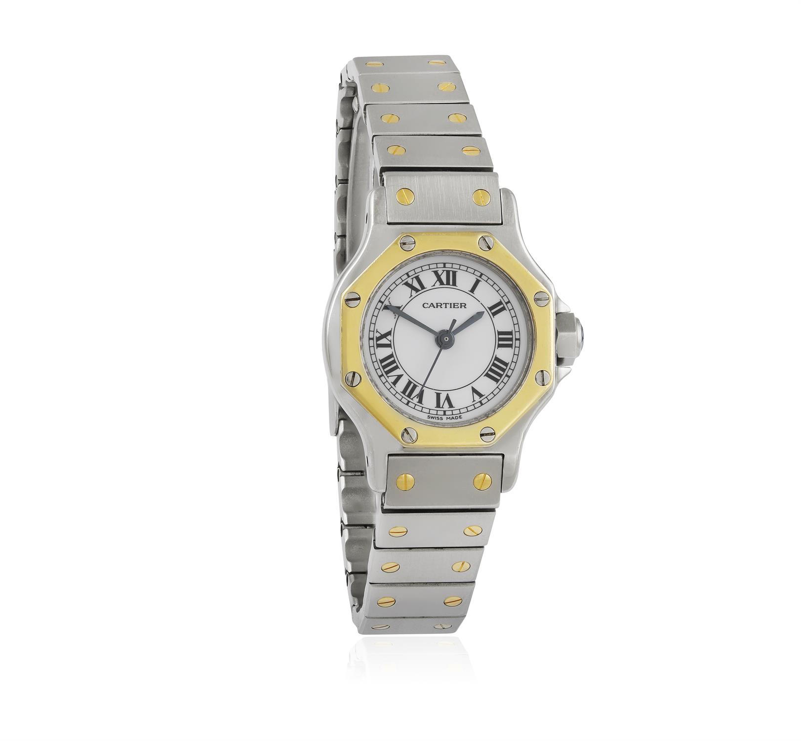 A LADY'S STAINLESS STEEL AND GOLD AUTOMATIC 'SANTOS' BRACELET WATCH, BY CARTIER, CIRCA