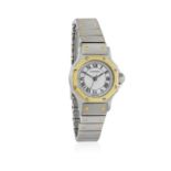A LADY'S STAINLESS STEEL AND GOLD AUTOMATIC 'SANTOS' BRACELET WATCH, BY CARTIER, CIRCA