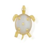 A CHALCEDONY AND DIAMOND NOVELTY BROOCH, BY CARTIER, 1965 Designed as a stylised turtle with