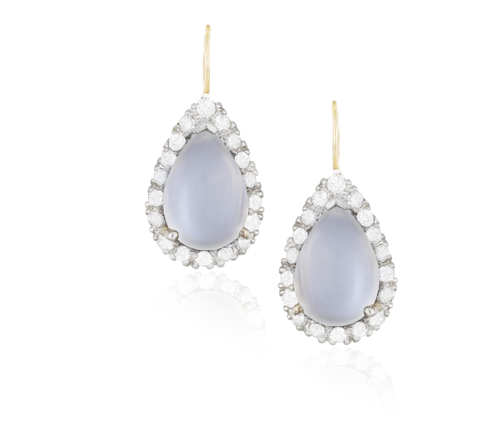 A PAIR OF MOONSTONE AND DIAMOND PENDENT EARRINGS Each composed of a pear-shaped cabochon