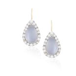 A PAIR OF MOONSTONE AND DIAMOND PENDENT EARRINGS Each composed of a pear-shaped cabochon