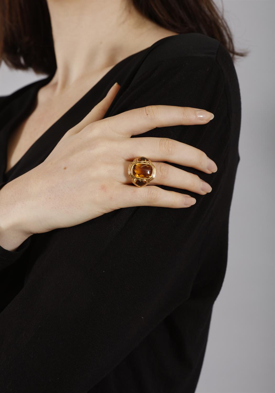 A CITRINE DRESS RING, BY REPOSSI The faceted top cabochon cushion-shaped citrine between two - Image 5 of 5